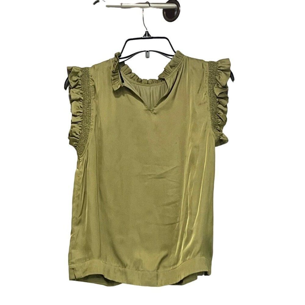 T Tahari Women’s Ruffle Trim Sleeveless Satin Blouse, Olive Green, S - Picture 5 of 12